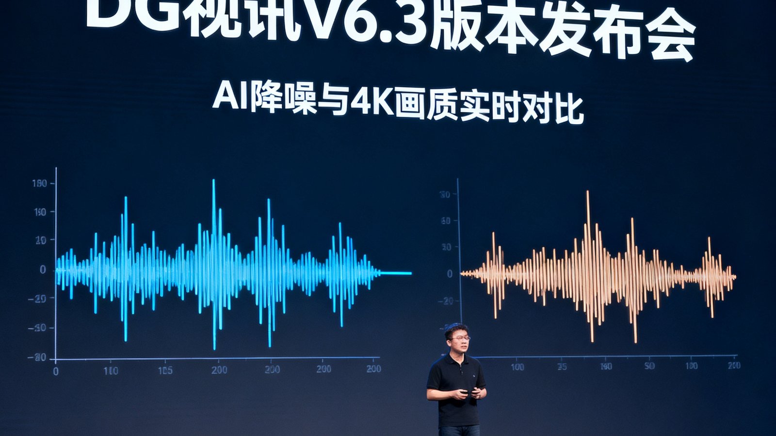 DG视讯V6.3版本发布会现场，舞台上演讲者正展示AI降噪与4K画质的实时对比效果，大屏幕上显示着波形对比图