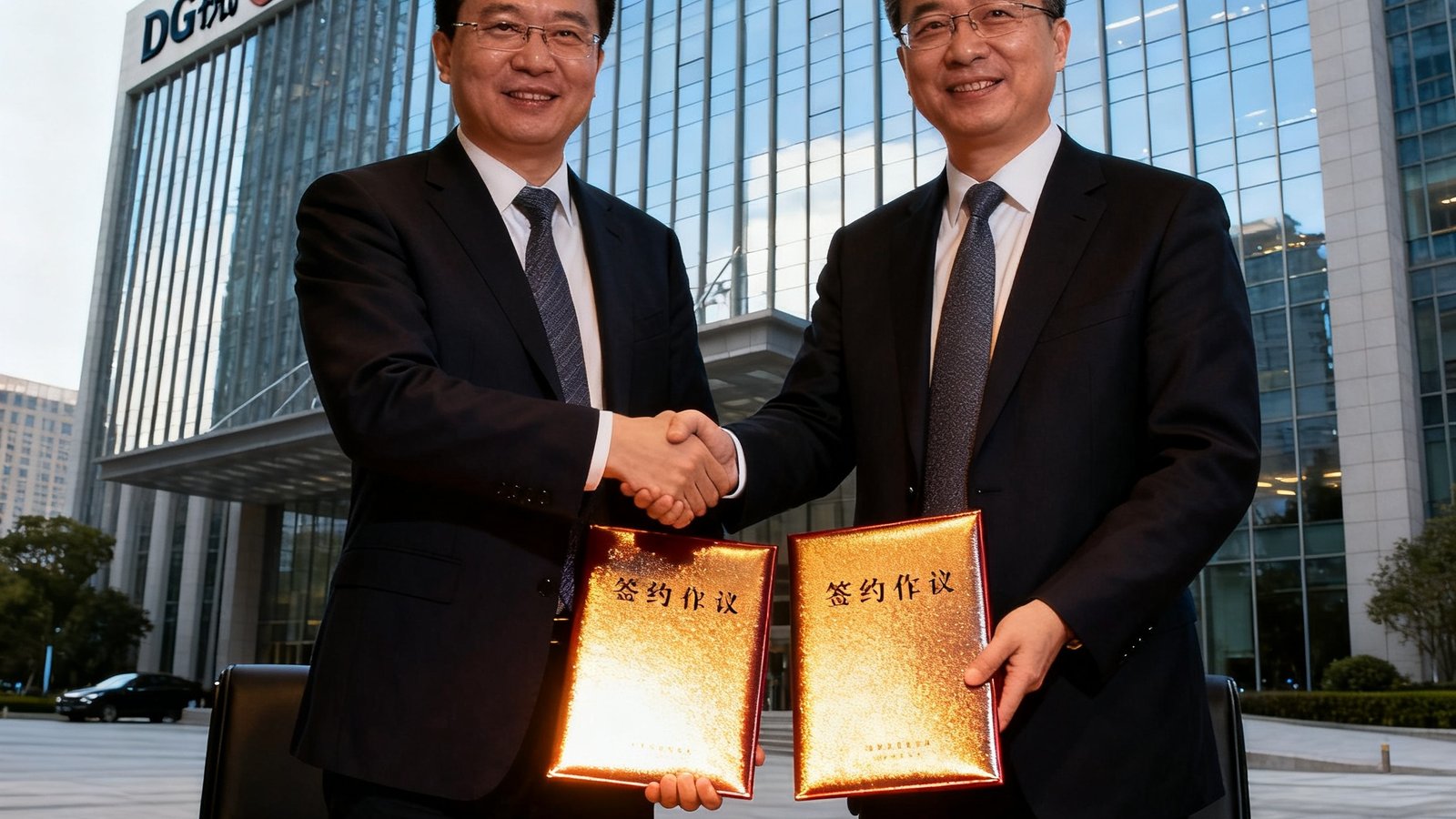 DG视讯与大型商业银行战略合作签约仪式，双方代表握手并展示合作协议文件，背景为银行总部大楼