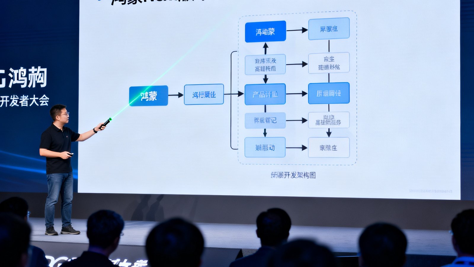 DG视讯工程师在华为鸿蒙开发者大会上演讲，PPT展示鸿蒙Next版本的原生适配架构图
